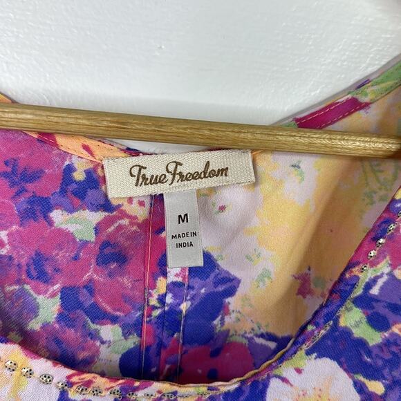 TRUE FREEDOM Orange Purple Pink Wide Flutter Sleeve Long Tunic Shirt Top Size M - Picture 8 of 11